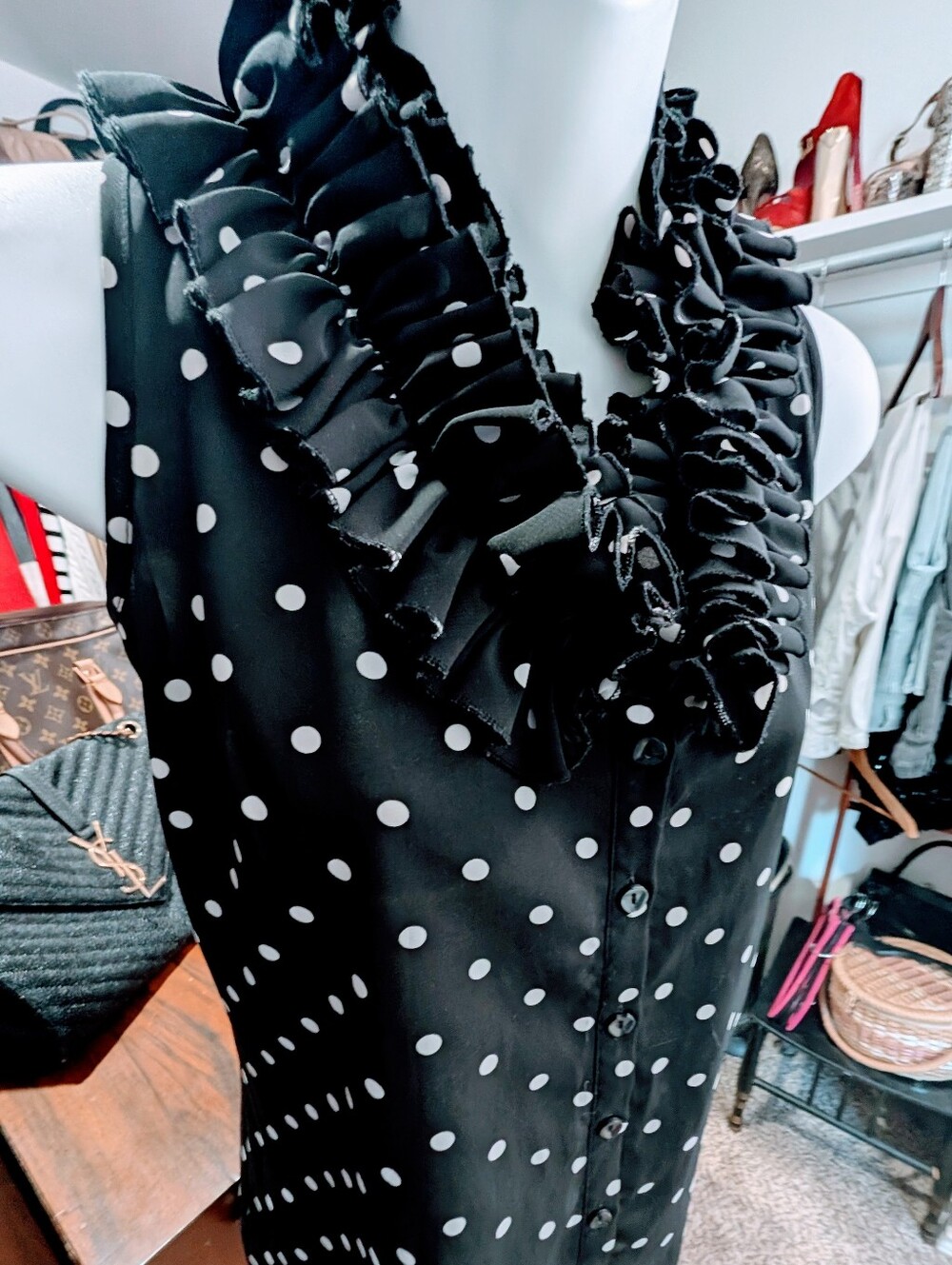 Source Unknown Black and White Polka Dot Ruffle Collar Blouse - Picture 6 of 7